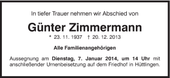Traueranzeige von Günter Zimmermann von Schwäbische Post