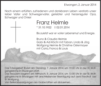 Traueranzeige von Franz Helmle von Schwäbische Post