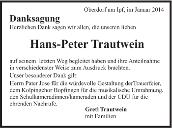 Traueranzeige von Hans-Peter Trautwein von Schwäbische Post