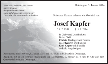 Traueranzeige von Josef Kapfer von Schwäbische Post