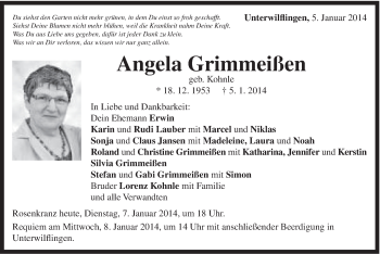 Traueranzeige von Angela Grimmeißen von Schwäbische Post