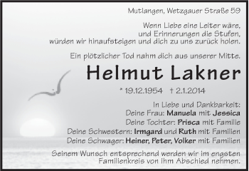 Traueranzeige von Helmut Lakner von Gmünder Tagespost