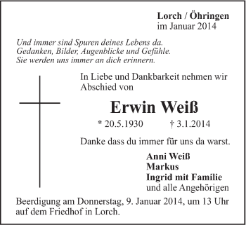 Traueranzeige von Erwin Weiß von Gmünder Tagespost