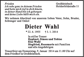 Traueranzeige von Dieter Wahl von Gmünder Tagespost