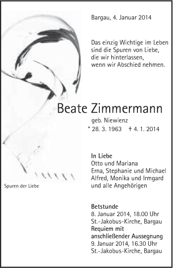 Traueranzeige von Beate Zimmermann von Gmünder Tagespost