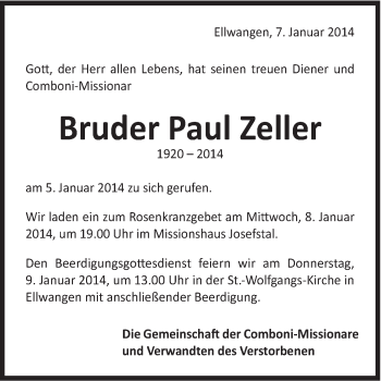 Traueranzeige von Paul Zeller von Schwäbische Post