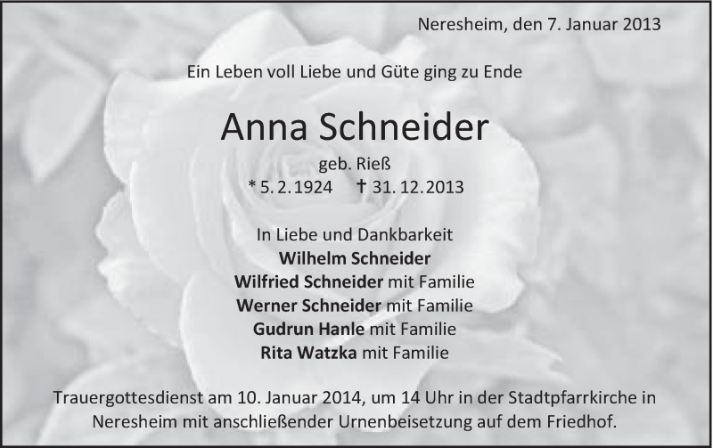  Traueranzeige für Anna Schneider vom 07.01.2014 aus Schwäbische Post