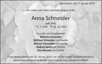 Traueranzeige von Anna Schneider von Schwäbische Post