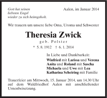 Traueranzeige von Theresia Zwick von Schwäbische Post