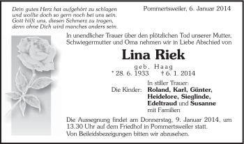 Traueranzeige von Lina Riek von Schwäbische Post