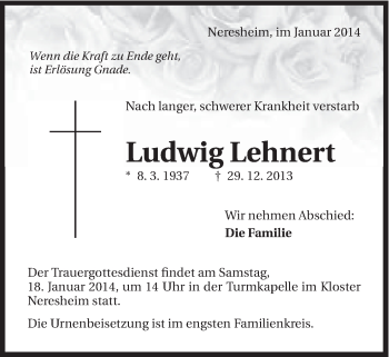 Traueranzeige von Ludwig Lehnert von Schwäbische Post