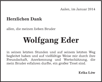 Traueranzeige von Wolfgang Eder von Schwäbische Post