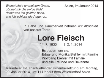Traueranzeige von Lore Fleisch von Schwäbische Post