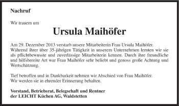 Traueranzeige von Ursula Maihöfer von Gmünder Tagespost