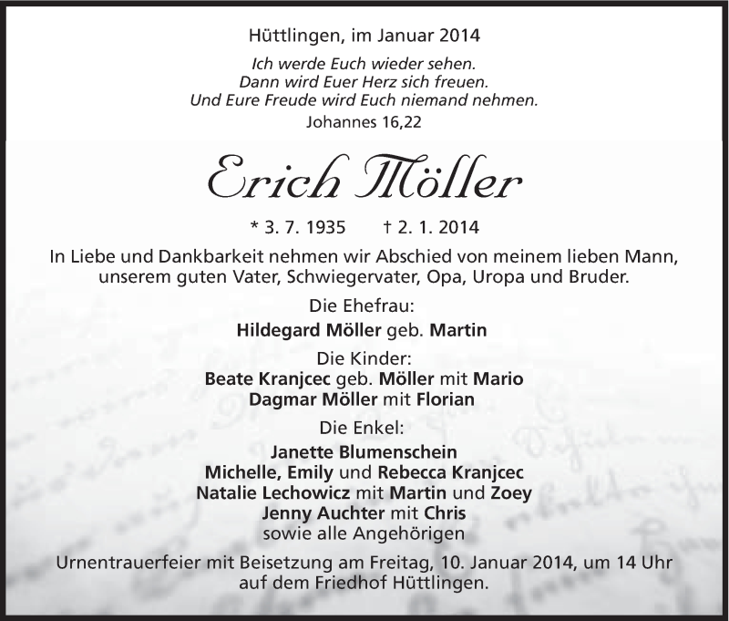  Traueranzeige für Erich Möller vom 08.01.2014 aus Schwäbische Post