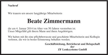 Traueranzeige von Beate Zimmermann von Gmünder Tagespost
