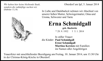 Traueranzeige von Erna Schmidgall von Schwäbische Post