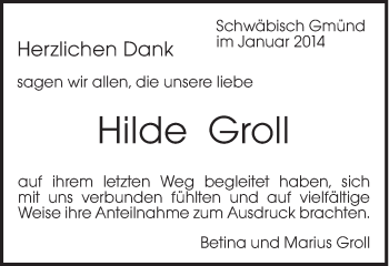 Traueranzeige von Hilde Groll von Gmünder Tagespost