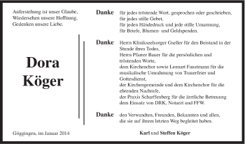 Traueranzeige von Dora Köger von Gmünder Tagespost