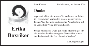 Traueranzeige von Erika Boxriker von Gmünder Tagespost