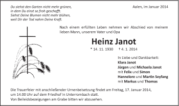 Traueranzeige von Heinz Janot von Schwäbische Post
