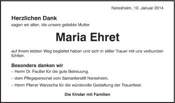 Traueranzeige von Maria Ehret von Schwäbische Post