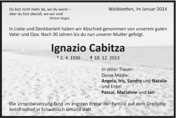 Traueranzeige von Ignazio Cabitza von Gmünder Tagespost