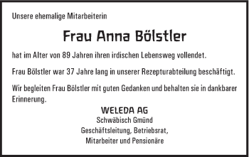 Traueranzeige von Anna Bölstler von Gmünder Tagespost