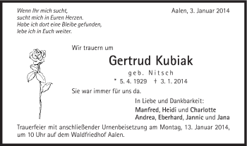 Traueranzeige von Gertrud Kubiak von Schwäbische Post