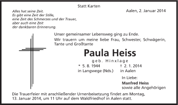 Traueranzeige von Paula Heiss von Schwäbische Post