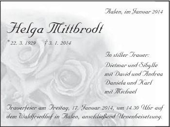 Traueranzeige von Helga Mittbrodt von Schwäbische Post