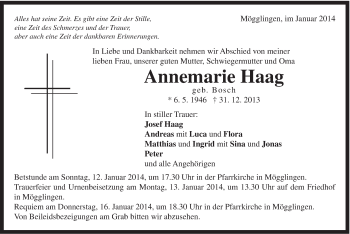 Traueranzeige von Annemarie Haag von 020