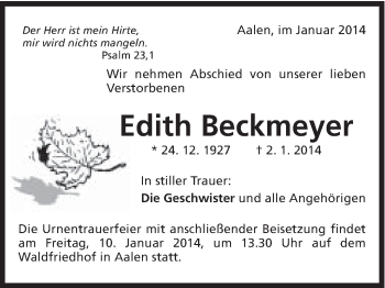 Traueranzeige von Edith Beckmeyer von Schwäbische Post