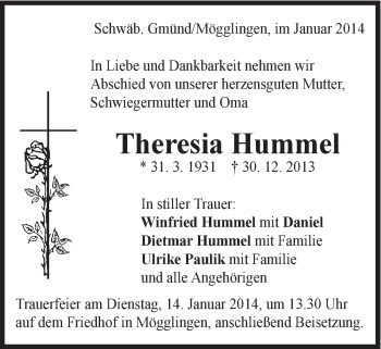 Traueranzeige von Theresia Hummel von Gmünder Tagespost
