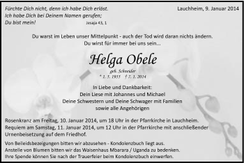Traueranzeige von Helga Obele von Schwäbische Post