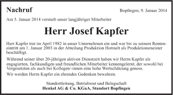 Traueranzeige von Josef Kapfer von Schwäbische Post
