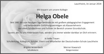 Traueranzeige von Helga Obele von Schwäbische Post