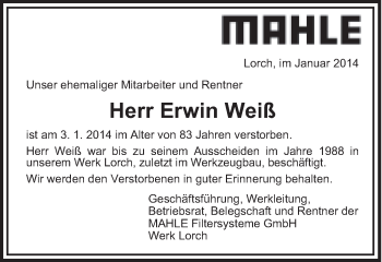 Traueranzeige von Erwin Weiß von Gmünder Tagespost