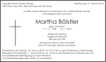 Traueranzeige von Martha Bölstler von Schwäbische Post