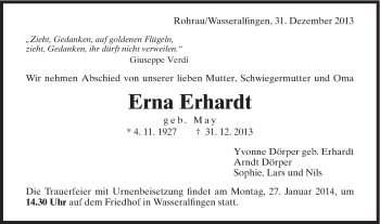 Traueranzeige von Erna Erhardt von Schwäbische Post