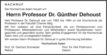 Traueranzeige von Günther Dehoust von Schwäbische Post