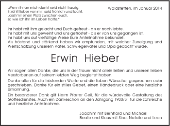 Traueranzeige von Erwin Hieber von Gmünder Tagespost