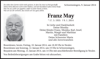 Traueranzeige von Franz May von Schwäbische Post