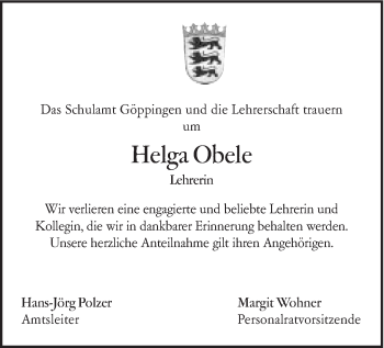 Traueranzeige von Helga Obele von Schwäbische Post