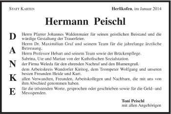 Traueranzeige von Hermann Peischl von Gmünder Tagespost