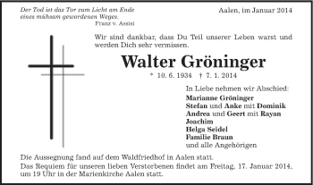 Traueranzeige von Walter Gröninger von Schwäbische Post