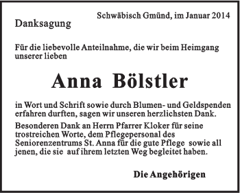 Traueranzeige von Anna Bölstler von Gmünder Tagespost