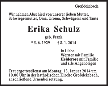 Traueranzeige von Erika Schulz von Gmünder Tagespost