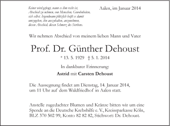 Traueranzeige von Günther Dehoust von Schwäbische Post