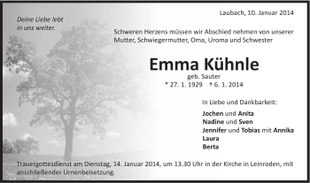 Traueranzeige von Emma Kühnle von Schwäbische Post